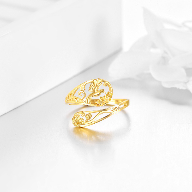 18K Yellow Gold Adjuatable Spoon Hummingbird Open Ring-4