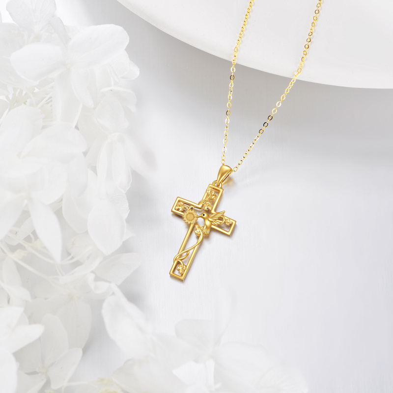10K Gold Hummingbird & Sunflower & Cross Pendant Necklace-4