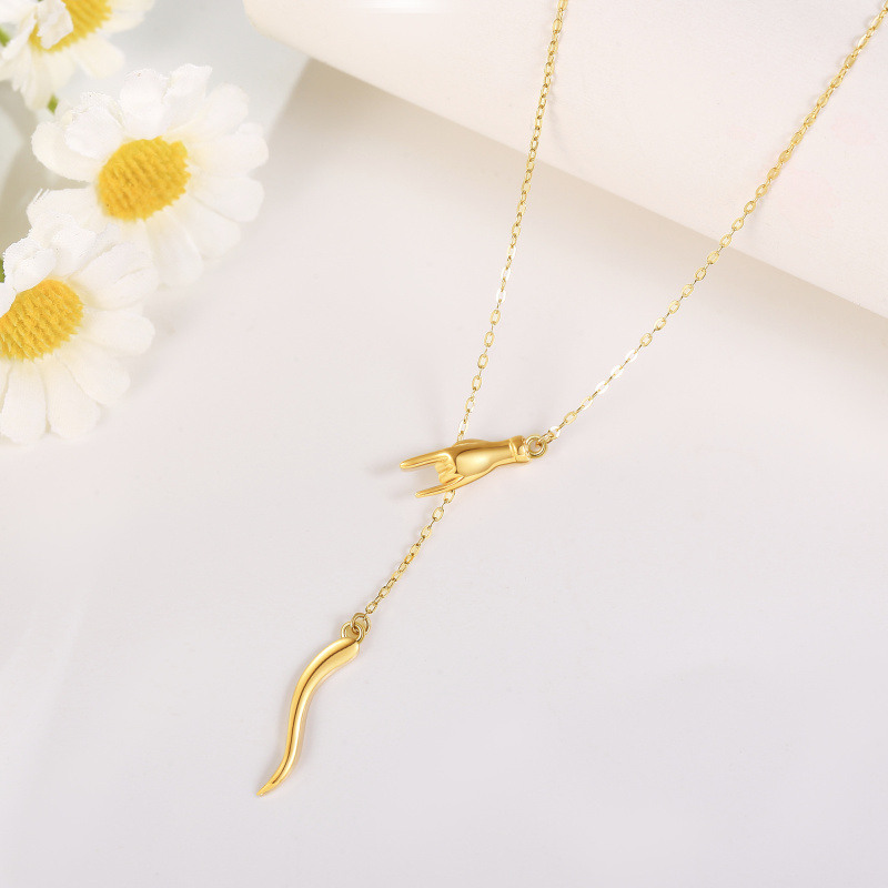 18K Yellow Gold Italian Horn Good Luck Protection Amulet Pendant Necklace-3