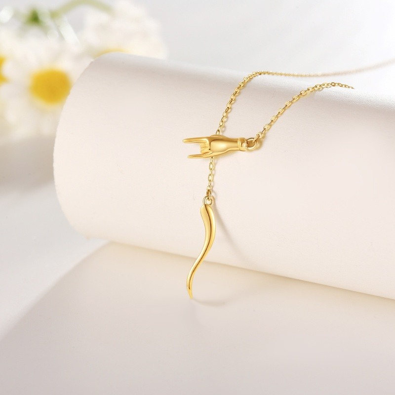 18K Yellow Gold Italian Horn Good Luck Protection Amulet Pendant Necklace-4