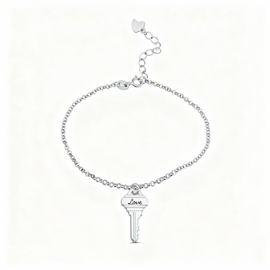 Bracelet à breloque clé en or blanc 10 carats avec mot gravé