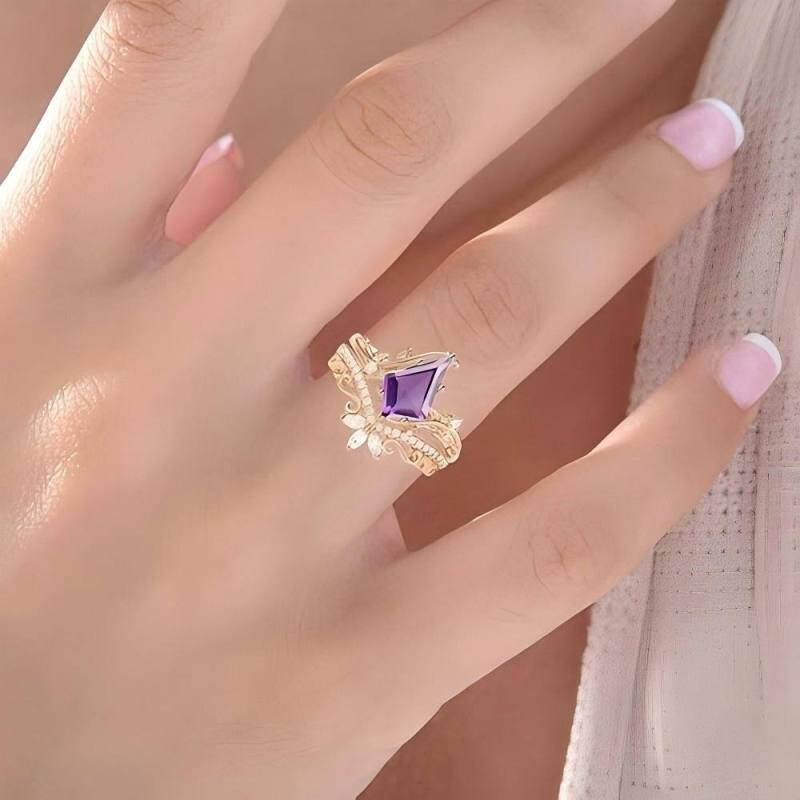 Conjunto nupcial de oro rosa de 10 quilates con amatista y moissanita talla cometa-2