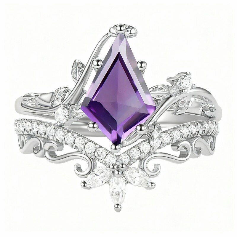 Ensemble de mariage en or blanc 10 carats avec améthyste taille cerf-volant et moissanite-15