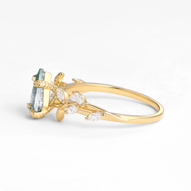 Anillo de compromiso de oro de 14 quilates con ágata musgosa talla cometa y diseño de hojas-7