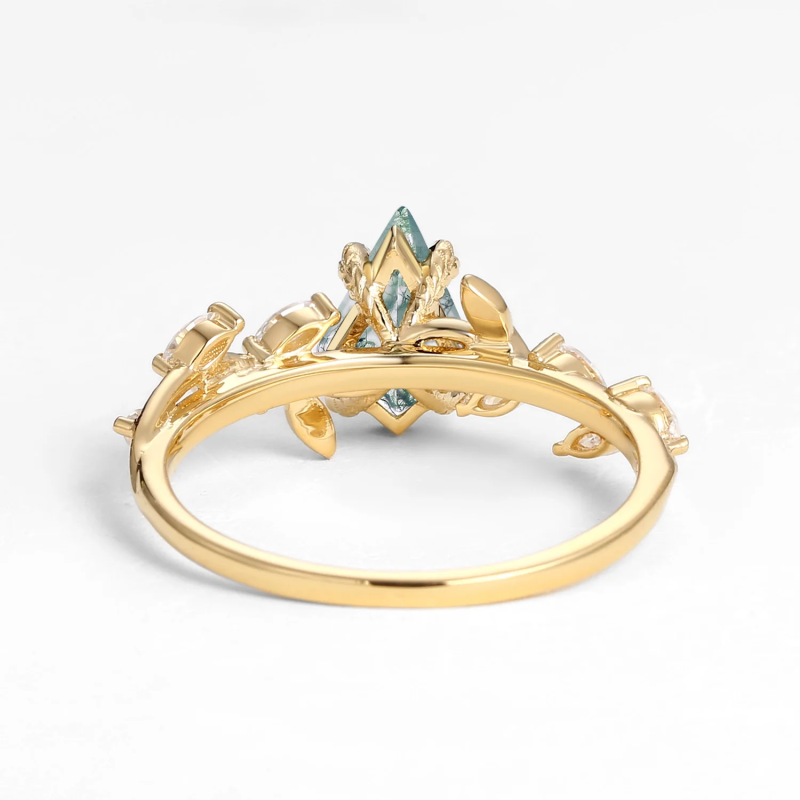 Anillo de compromiso de oro de 14 quilates con ágata musgosa talla cometa y diseño de hojas-8