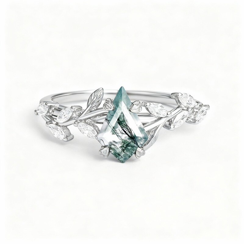 Platinum with White Gold Plated 1 to 6 CT Kite Cut Moss Agate Leave Natural Inspired Engagement Ring-1