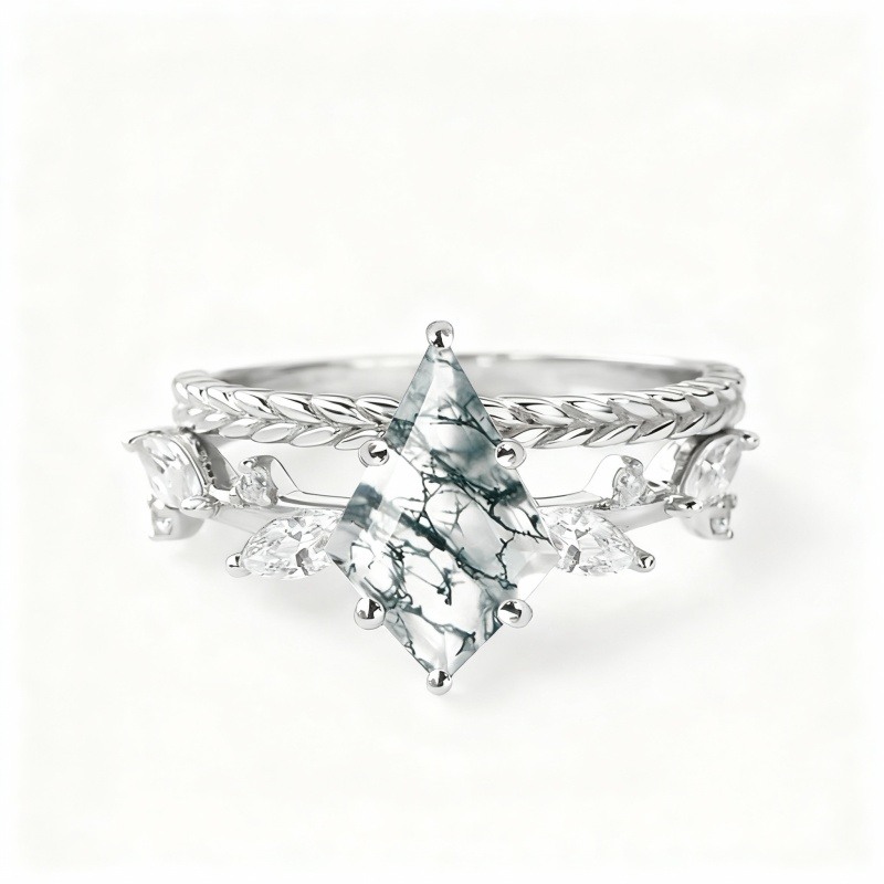 18K White Gold 1 to 6 CT Kite Cut Leaves Moss Agate Natural Inspired Bridal Set Engagement Ring-1