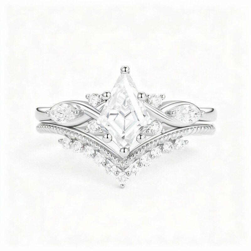 Ensemble de mariage en or blanc 18 carats avec moissanite taille cerf-volant de 1 à 6 carats, symbole de l'infini-1