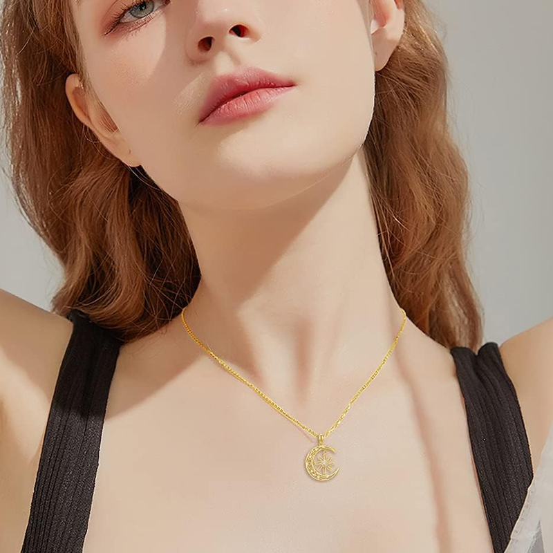 Collar de oro de 18 quilates con diamantes creados en laboratorio, nudo celta, luna y sol para mujer-2
