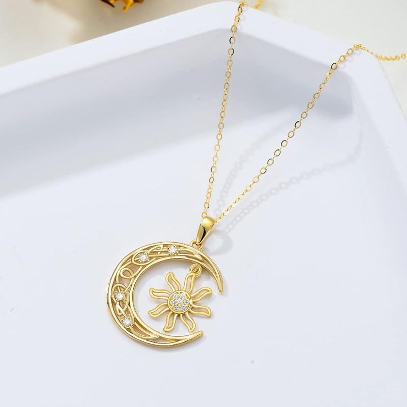 Collar de oro de 18 quilates con diamantes creados en laboratorio, nudo celta, luna y sol para mujer-3