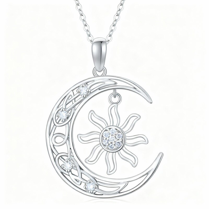 Collar con colgante de nudo celta, luna y sol en oro blanco de 10 quilates con diamante creado en laboratorio-1