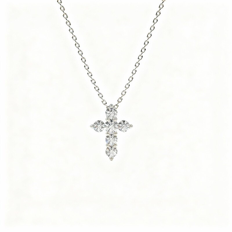 Collier pendentif croix en platine plaqué or blanc avec diamants de laboratoire-1