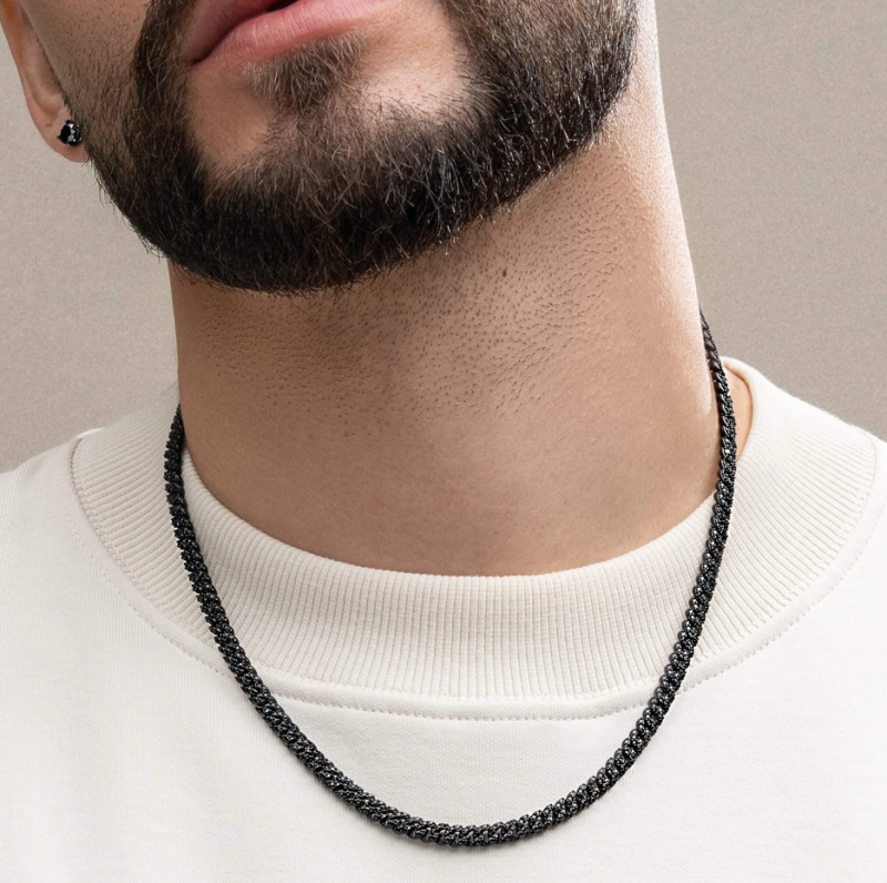 14-karätige Goldkette mit schwarzem Strassbesatz im kubanischen Gliederstil für Herren, 5 mm-2