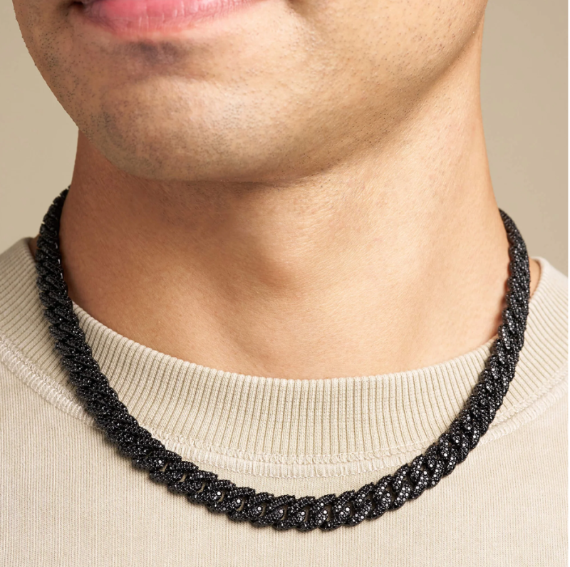 Cadena cubana de plata de ley con incrustaciones negras para hombre, 10 mm-2
