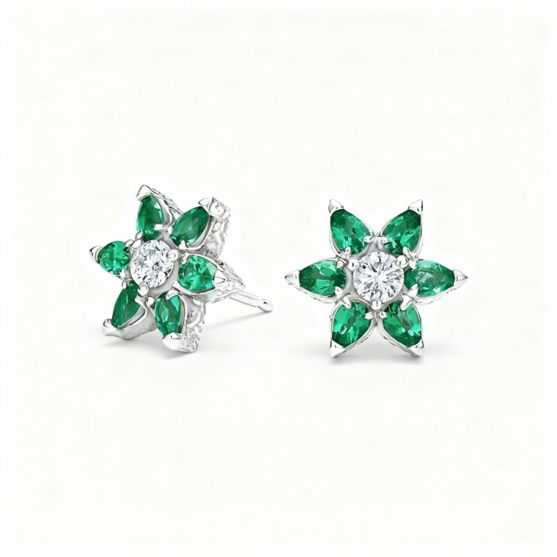 14K White Gold Lab Created Diamond & Lab Created Emerald Couple Stud Earrings-1