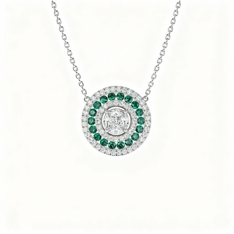 10K White Gold Lab Created Diamond & Lab Created Emerald Round Pendant Necklace-1