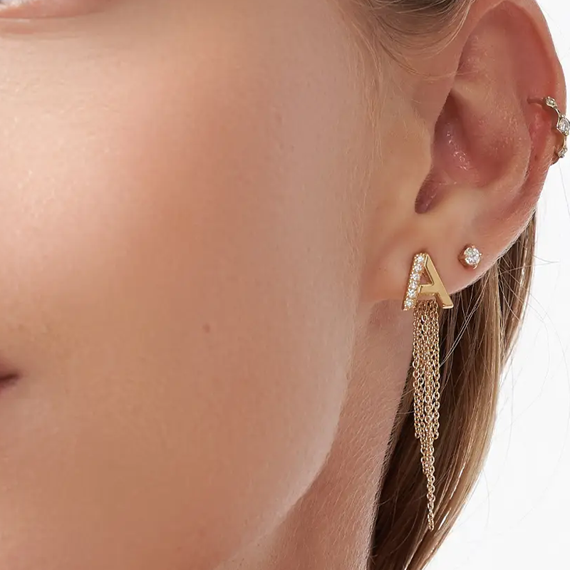 Pendientes colgantes personalizados con iniciales y diamantes creados en laboratorio, en oro de 14 quilates, para mujer.-2