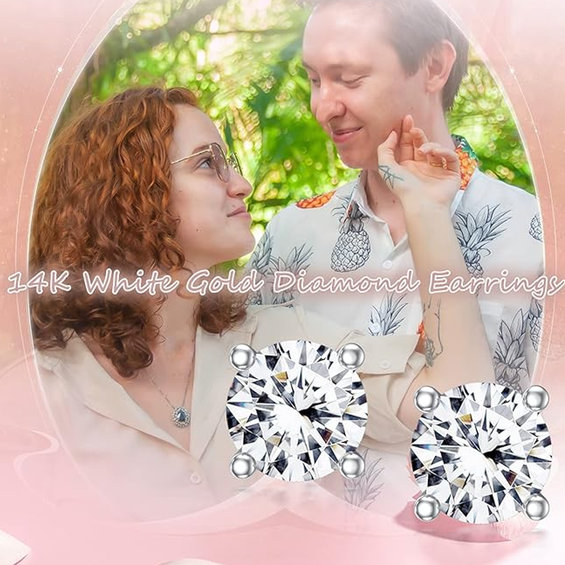 Boucles d'oreilles puces rondes en or blanc 10 carats avec diamants de laboratoire pour femmes-4