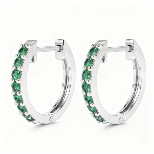Boucles d'oreilles créoles rondes en or blanc 10 carats et émeraudes de laboratoire