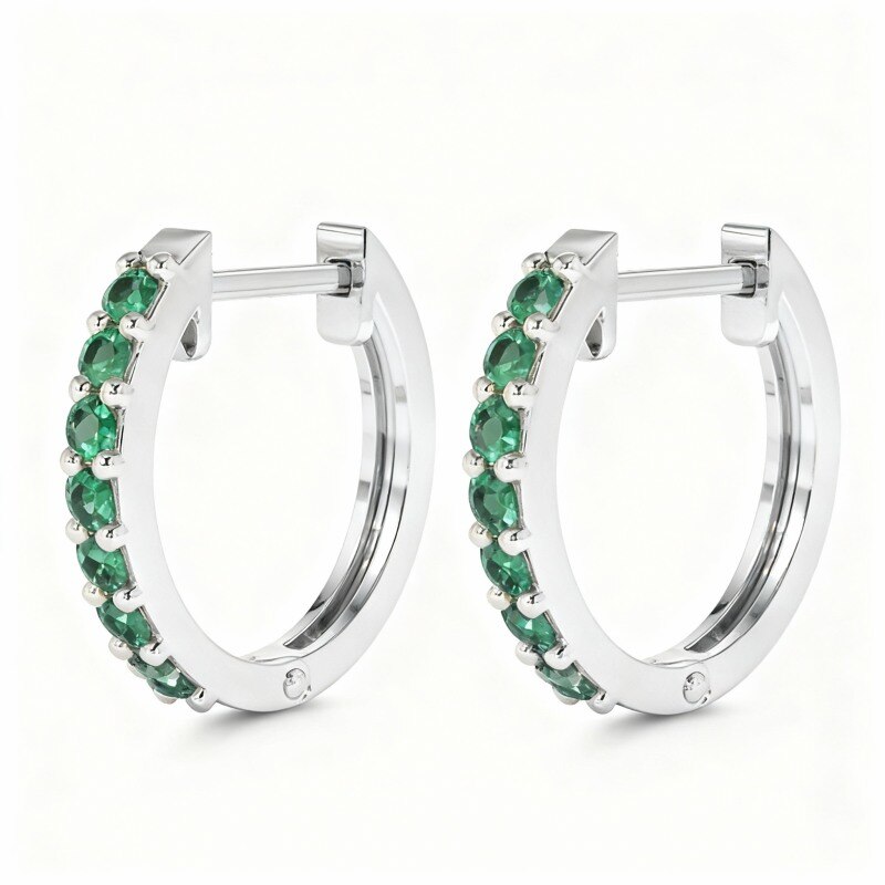 Boucles d'oreilles créoles rondes en platine plaqué or blanc et émeraudes de synthèse-1