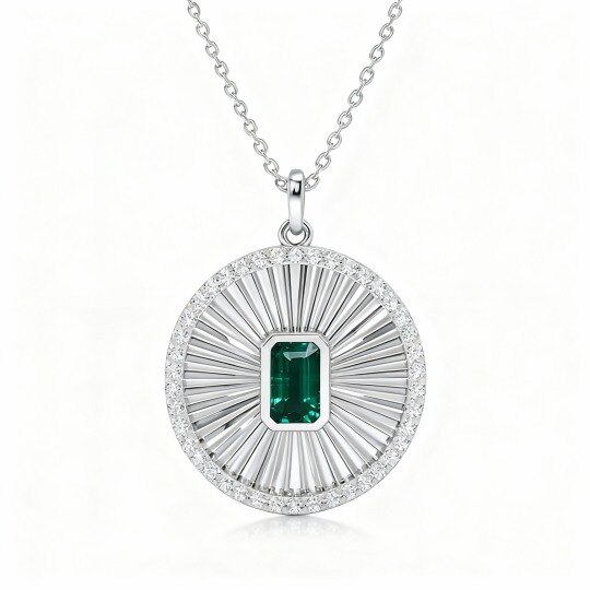 Collier pendentif rond en or blanc 10 carats et émeraude de laboratoire