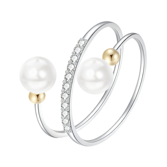 Anillo personalizado de oro blanco de 10 quilates con diamantes cultivados en laboratorio y perlas.
