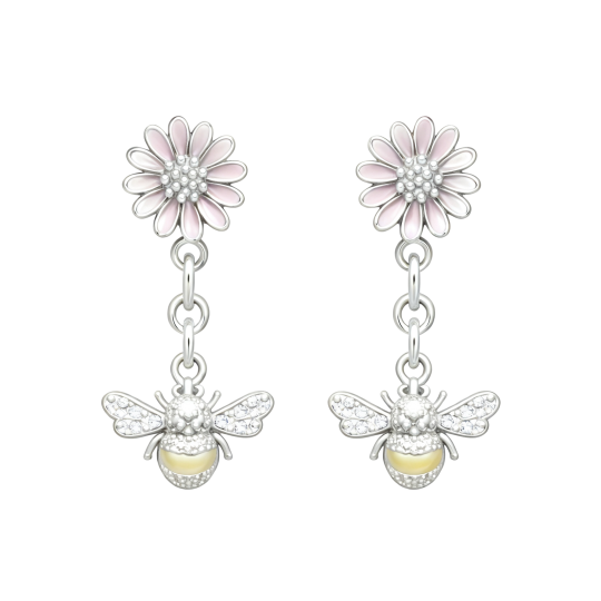 10K White Gold Laboratory Diamonds Bee & Daisy Drop Earrings