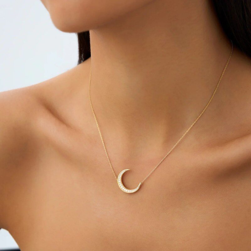 Collar con colgante de luna de oro blanco de 14 quilates y diamantes de laboratorio-2
