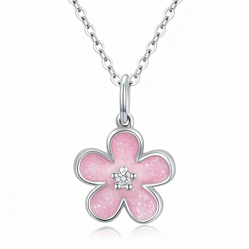 Collar con colgante de flor de durazno en oro blanco de 14 quilates con diamantes de laboratorio-1