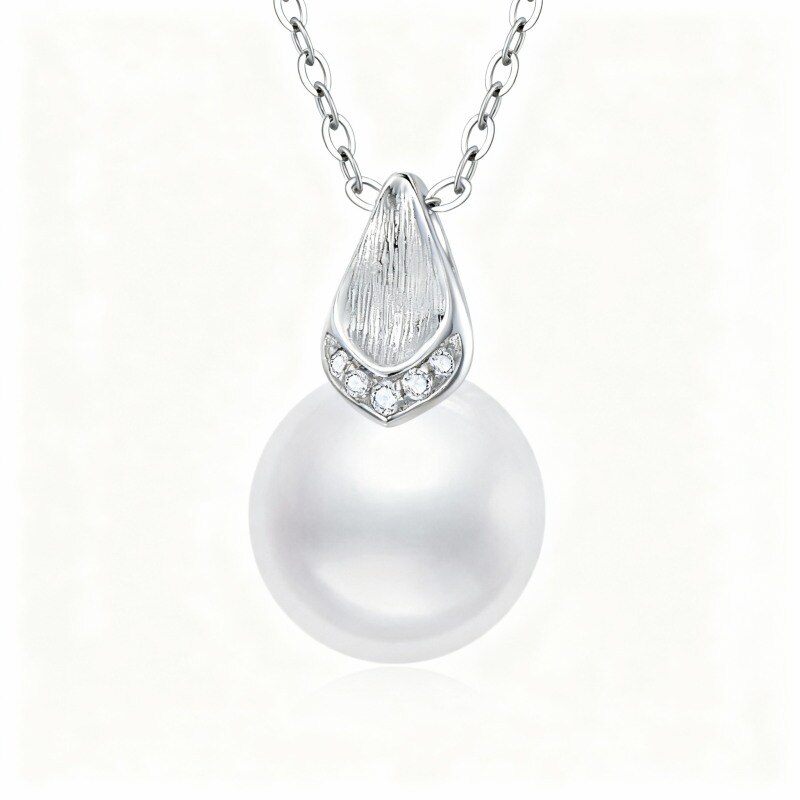 Collier pendentif en platine plaqué or blanc avec diamants de laboratoire et perle-1