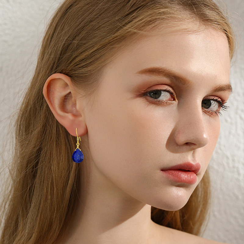 Boucles d'oreilles pendantes en or 10 carats et lapis-lazuli pour femmes-2