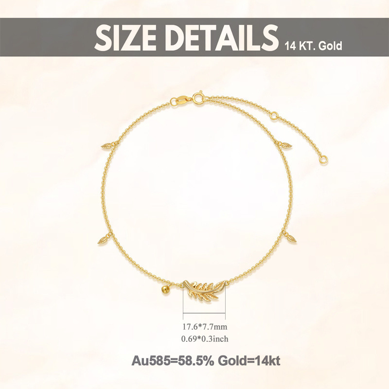 Tobillera de cadena sencilla con hojas, cuentas y plumas de oro de 18 quilates-5