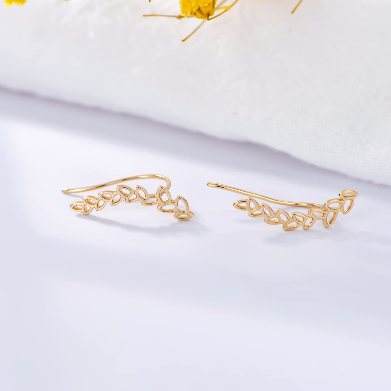 Pendientes trepadores de hojas de oro de 10 quilates-3