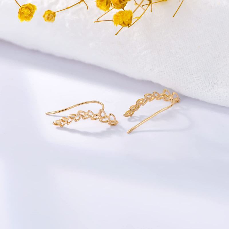 Pendientes trepadores de hojas de oro de 10 quilates-4