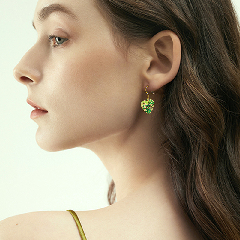 Boucles d'oreilles pendantes en or rose 14 carats en forme de feuilles-2