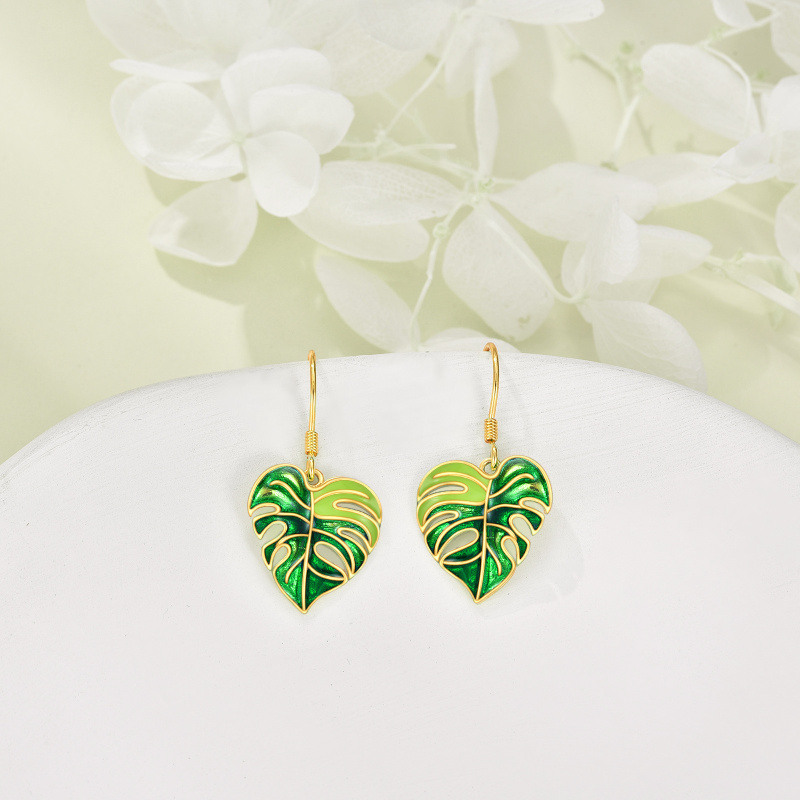 Boucles d'oreilles pendantes en or rose 14 carats en forme de feuilles-3