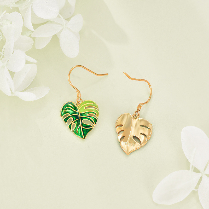 Boucles d'oreilles pendantes en or rose 14 carats en forme de feuilles-4