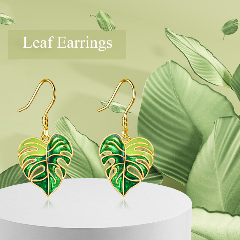 Boucles d'oreilles pendantes en or rose 14 carats en forme de feuilles-6