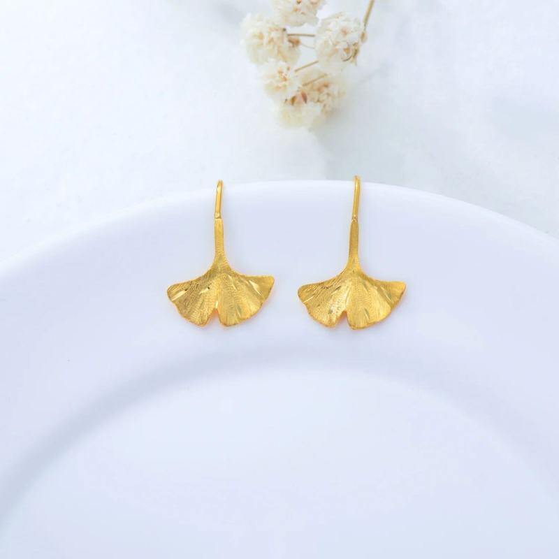 Pendientes colgantes de hojas de oro de 18 quilates-3