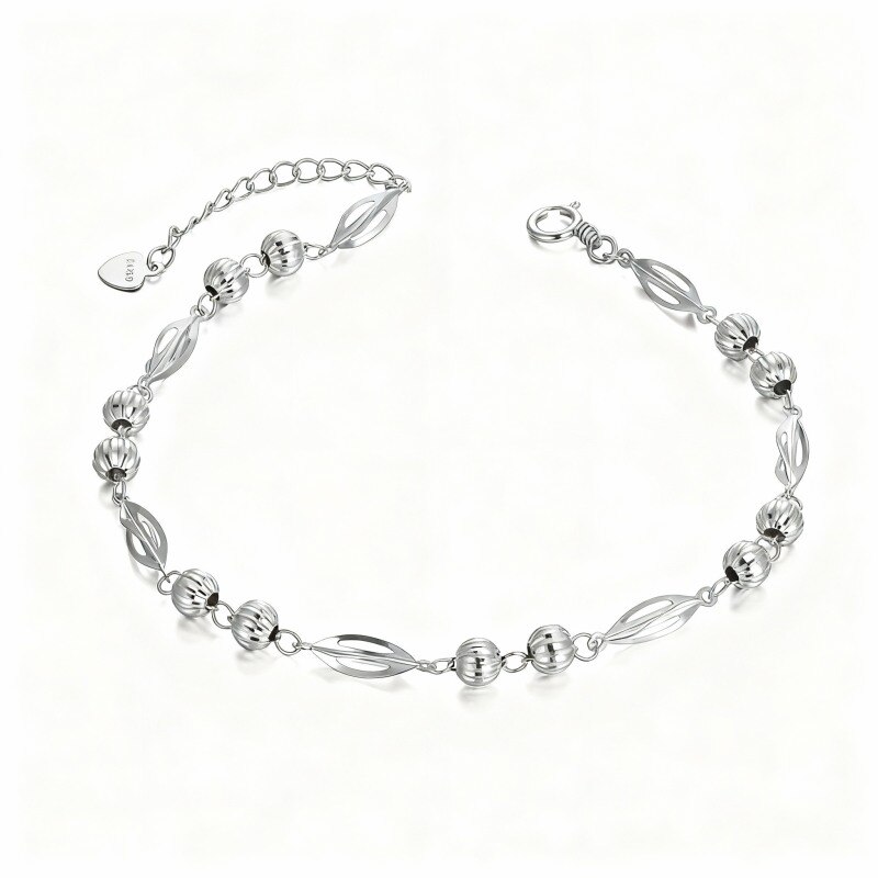 Bracelet en perles métalliques en or blanc 18 carats avec feuilles-1