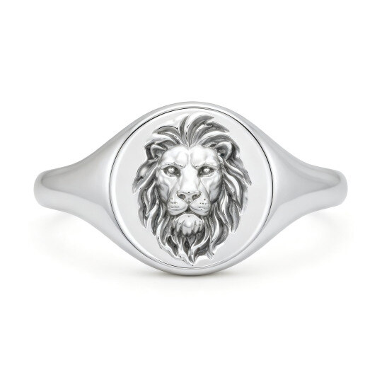 18K White Gold Lion Signet Ring for Men