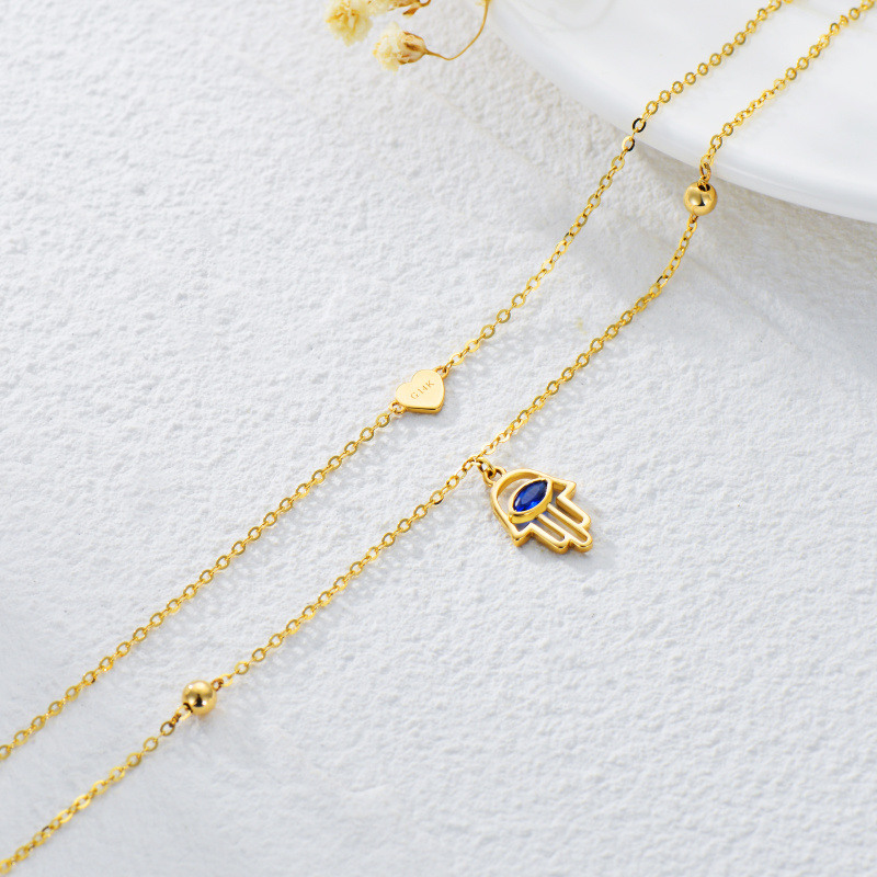 18K Gold Marquise Shaped Cubic Zirconia Hamsa Hand & Heart Multi-layered Anklet-3