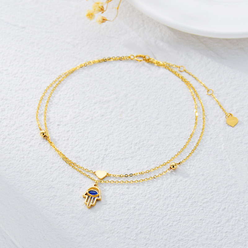 18K Gold Marquise Shaped Cubic Zirconia Hamsa Hand & Heart Multi-layered Anklet-4
