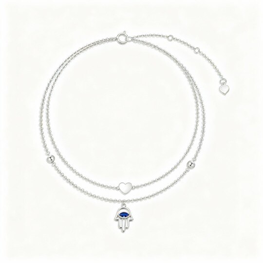 Bracelet de cheville à plusieurs rangs en or blanc 10 carats avec pendentif main Hamsa et cœur en zircon cubique taille marquise