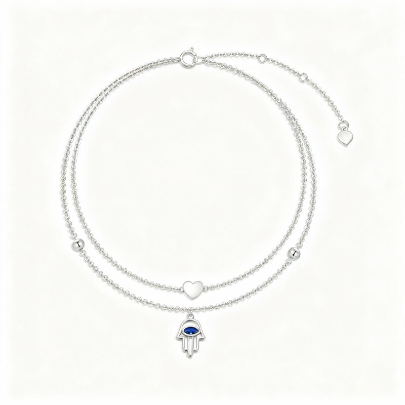 14-karätiges Weißgold-Fußkettchen mit mehrlagigem Anhänger in Form einer Hamsa-Hand und eines Herzes aus Zirkonia im Marquise-Schliff-1