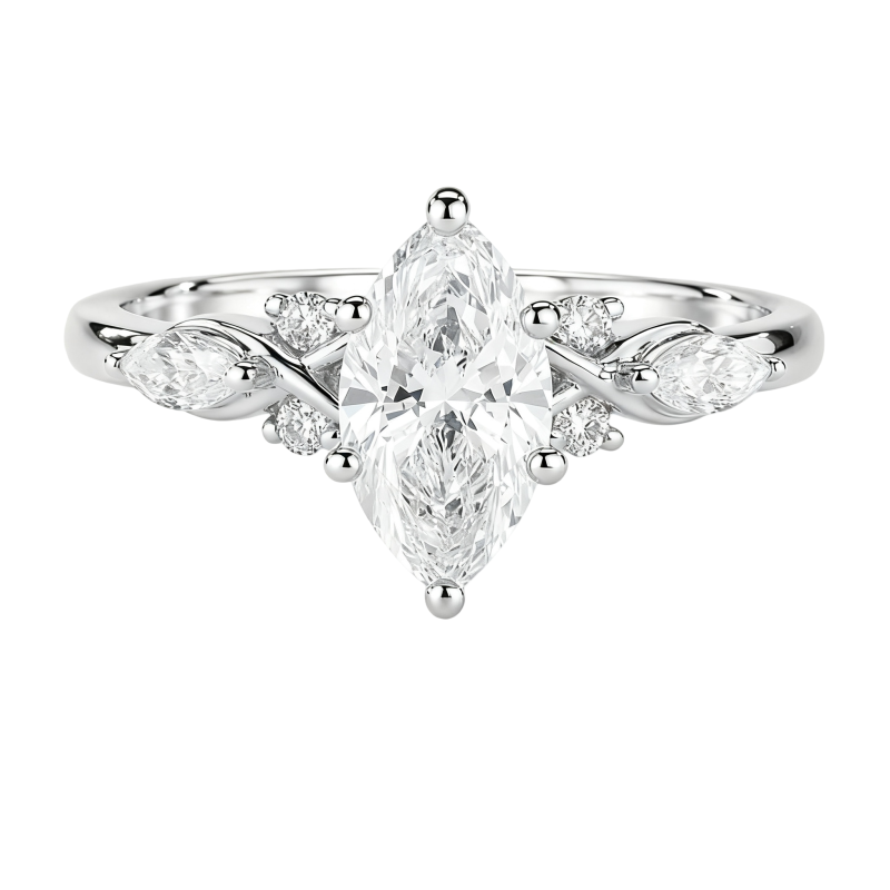 Anillo de compromiso personalizado de oro blanco de 10 quilates con diamante cultivado en laboratorio talla marquesa, color D, claridad VVS1/VS1, certificado por IGI 3EX.-12