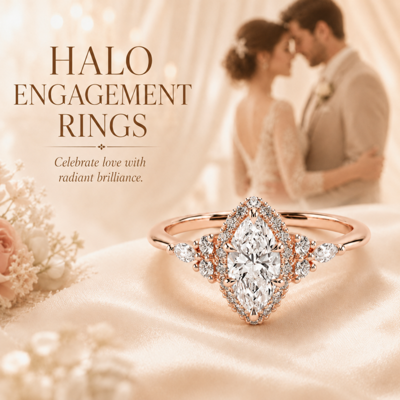 Verlobungsring aus 18-karätigem Weißgold mit Marquise-Schliff, im Labor gezüchteten Diamanten und individuellem Halo-Seitenstein-5