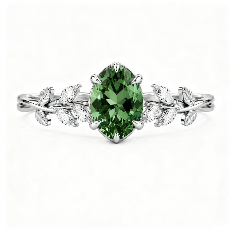 14-karätiger Weißgold-Verlobungsring mit Marquise-Schliff, im Labor gezüchtetem Diamanten und Peridot (individuell gefertigt)-1