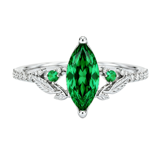 Anillo de compromiso personalizado de oro blanco de 10 quilates con esmeralda cultivada en laboratorio de talla marquesa.