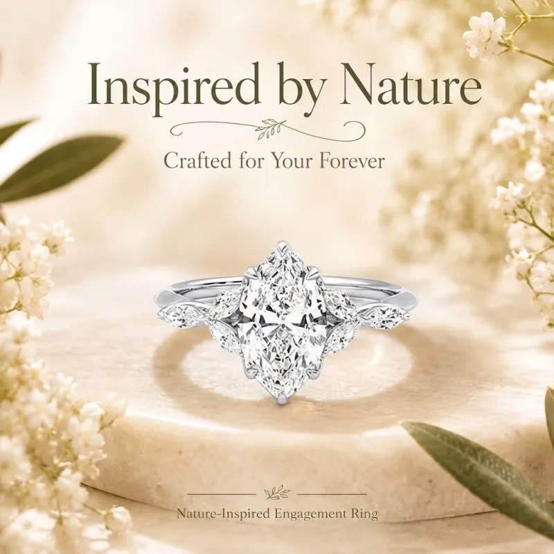 Bague de fiançailles en or blanc 10 carats avec moissanite taille marquise et pierre latérale.-5